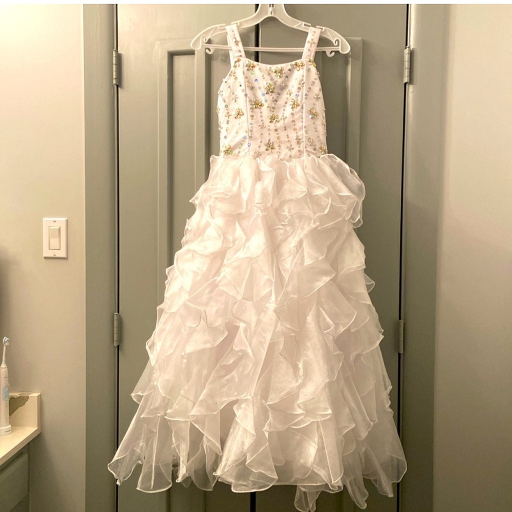 Tiffany Designs White Ruffled Formal Dress
